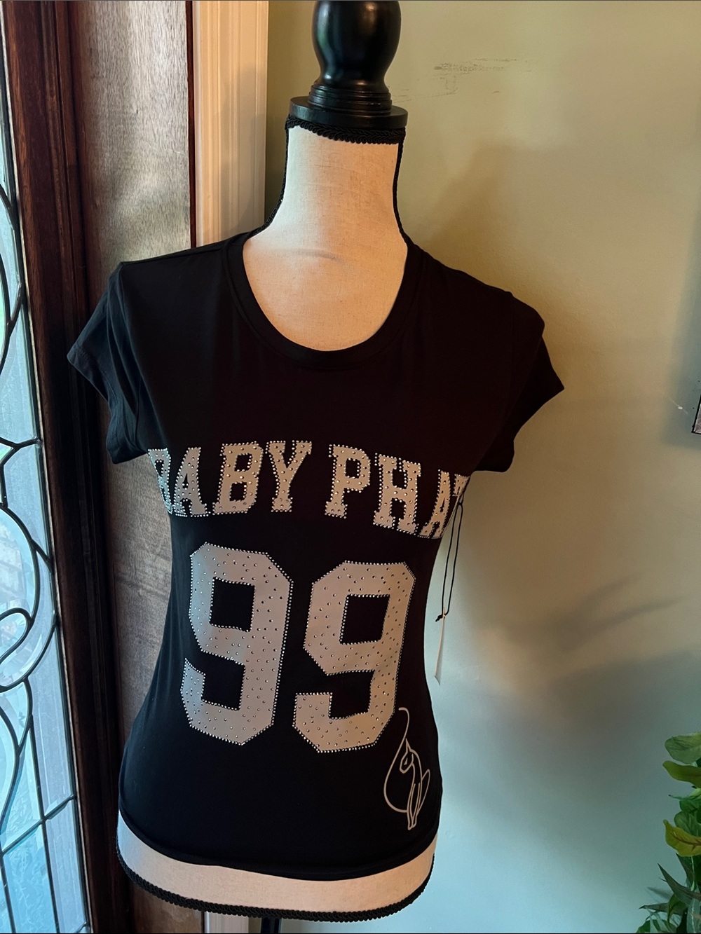 Baby Phat Black Graphic Tee with Silver Stud Accents